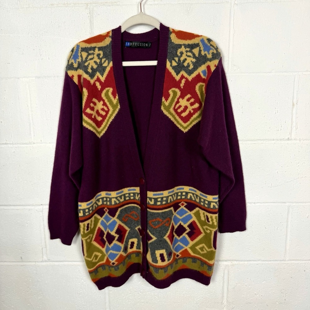 VTG IB Diffusion Cardigan SZ S Purple Geometric Colorful 90s Maximalist Grandpa